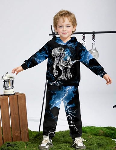Image of Boys Clothes, T-Rex Print Dinosaur Boy Clothes Fall Winter Outfits Long-sleeved Hooded Sweatshirt Pants 2Pcs Set