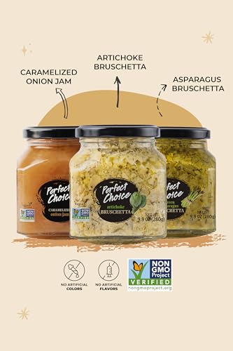 Perfect Choice Variety Pack with Delicious Artichoke Bruschetta, Green Asparagus Bruschetta & Caramelized Onion - Ready-to-eat Spread Ideal for Burgers, Sandwiches, Meats And More - Pack of 3