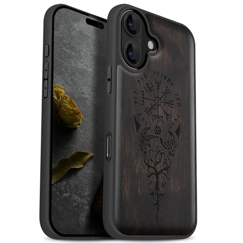 Carveit Pokrowiec kompatybilny z MagSafe na iPhone 17, Pokrywa z drewna z magnesem dla Apple 17, Wytrzymały obudowa TPU (Drewno czarne - Wikingska busola)