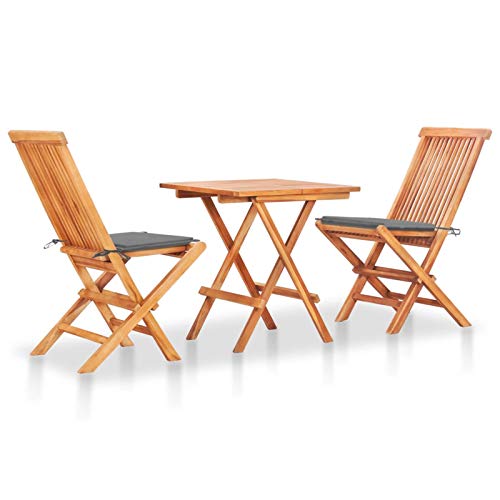 Homgoday Ensemble de bistrot de 3 pièces avec coussins gris en teck massif, table de jardin, chaises de jardin, salle à manger de jardin
