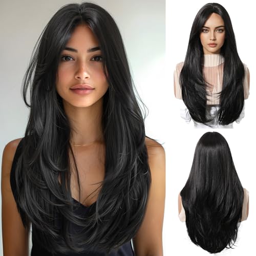OUFEI Perruques Noir pour Femmes Longue Perruque avec Frange Naturelle Droite Perruques Cheveux Synthétiques Résistants à la Chaleur Pour La Fête...