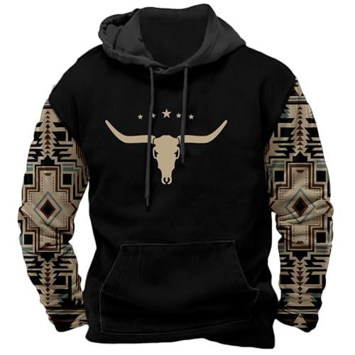 Men's Aztec Cow Skull Hoodie Western Sweatshirt with Hood Vintage Ethnic Tribal Graphic Patchwork Pullvoer