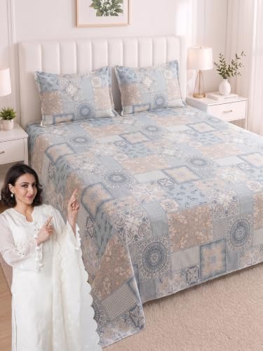 Image of Mafatlal 186 TC Metro Cotton King Size Bedsheet | 108 x 108 Inch|Soft, Breathable & Lightweight | Includes 2 Pillow Covers| Cool Fire 2