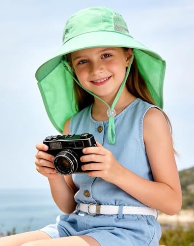 Image of Rosoz Kids Sun Hat with Neck Flap UV Protection Summer Toddler Beach Hat Unisex Ponytail Hat Wide Brim Fishing Hat