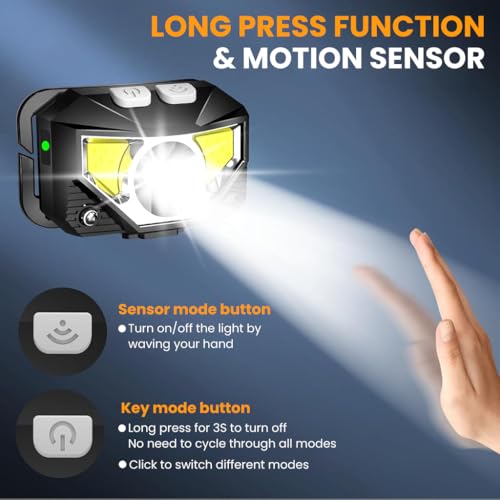 Image of PROBEROS LED Head Light with Red Flash Warning Light and Multi Work Modes, IPX5 Waterproof Rechargeable Headlamp for Camping, Hiking, Night Work with Motion Sensor and Adjustable Strap