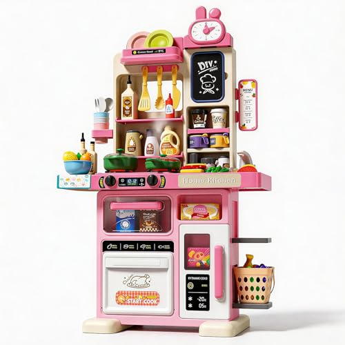 33.8IN - 70PCS Kids Kitchen Playset with Sound & Light - Cooking Stove with Steam, Play Sink and Toy Kitchen Accessories - Pretend Kitchen Play Food Toys for Kids Boys Girls - Toddler Play Kitchen Set