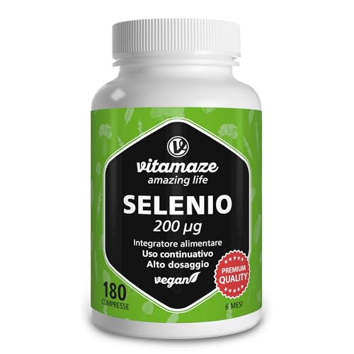 Vitamaze® Selenio 200 Mcg Alto Dosaggio, 6 mesi di Trattamento, Compresse Vegan, Selenio Organico Qualità Tedesca, Naturale Selenio Integratore senza Additivi non Necessari