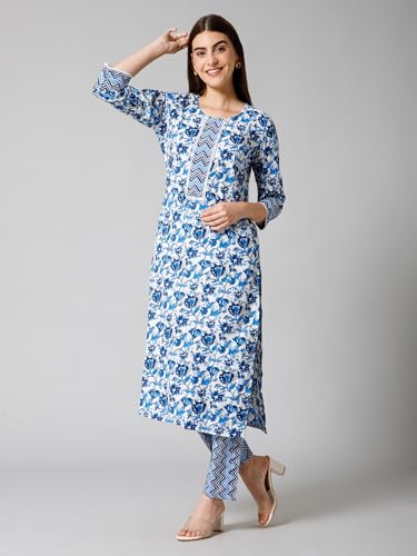 Image of Eight Colors Cotton Kurta Set with Pant for Women | Women Kurta Sets Kurtis | Women Kurta Pant Set | Women Kurta Pant Set Women Kurti Set with Pant (Neel)
