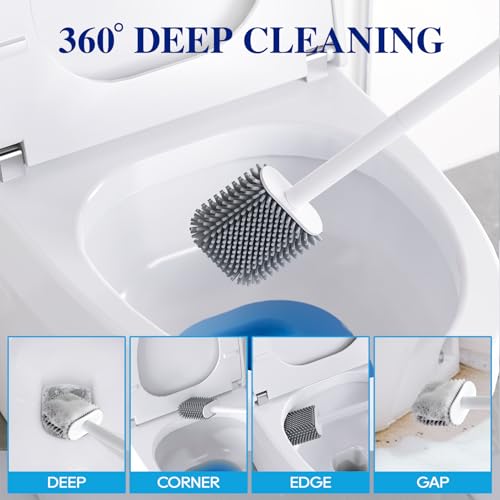 HONOVA Silicone Toilet Bowl Brush with Ventilated Holder, Toilet Brush and Holder Set,Floor Standing & Wall Mounted, Drip-Proof, Toilet Cleaner Brush for RV Travel, Camper, Family Bathroom(White)