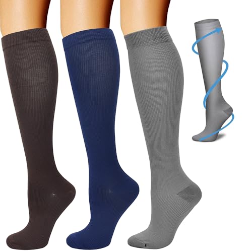 Consejos para Comprar Calcetines y medias para Mujer los más recomendados. 45 Calcetines de Compresión Mujer y Hombre, 3 Pares de Medias de Compresión 15-20 mmH, Calcetas Elásticas de Compresión para Embarazo, Viajar, Correr, Fitness (3 PCS Grises+Azul...
