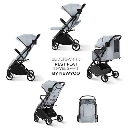 Image of newyoo GlideTow TR18M Compact Travel Stroller for Infants, Foldable Baby Stroller with Cup Holder, One-Hand Fold, Near Flat Recline Seat, Fog Blue