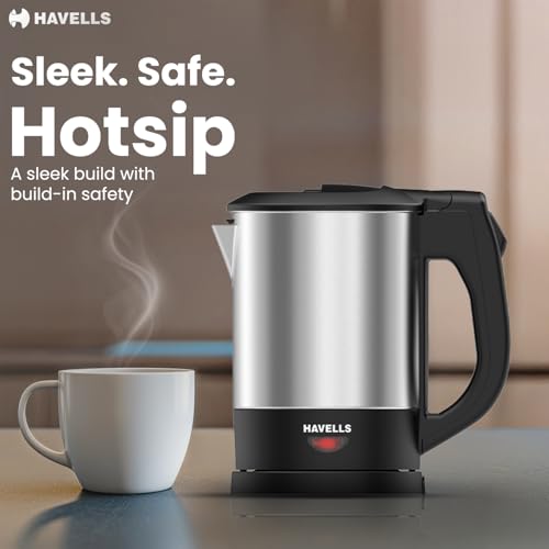 Image of Havells HOTSIP Electric Kettle | 1250 W | 1 L Capacity | Rust Resistant 304 Stainless Steel Tank | Triple Safety Protection | Wider Mouth for Easy Filling (Black & Silver)