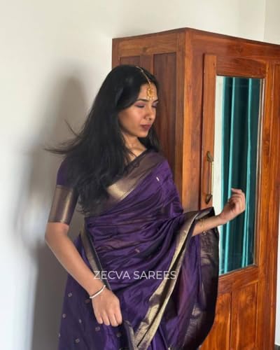 Image of ZECVA Women's Pure Soft Spun Cotton Lichi Silk Saree For Women With Attach Unstitch Blouse Piece