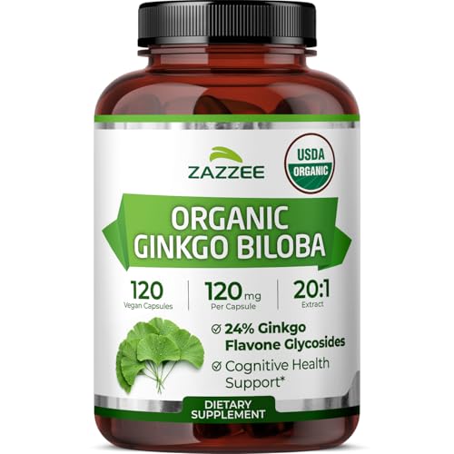 Zazzee USDA Organic Ginkgo Biloba 20:1 Extract 24% Ginkgo Flavone Glycosides 120 Vegan Capsules 4 Month Supply Memory Cognitive & Brain Health Support All-Natural Non-GMO Made in the USA