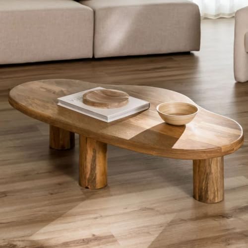 Image of Solid Mango Wood Coffee Table for Living Room | Handcrafted Wooden Center Table with Organic Freeform Top and Sturdy Pedestal Base | Natural Wood Finish | Modern Accent Table