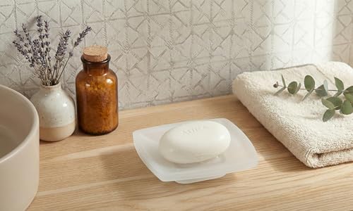 Image of Premium Frosted Glass Soap Dish for Bathroom and Kitchen | Elegant Square Soap Holder Tray for Shower, Sink, Countertop, and Washbasin | Minimalist Matte Glass Soap Case Saver, Clear-White