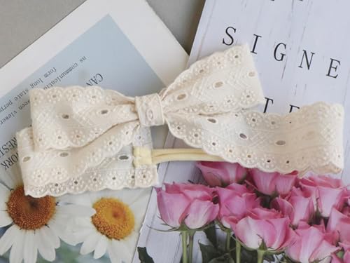 Handmade Ivory Eyelet Lace Bow Headband for Baby Girls, Soft Stretchy Band Fits 6-12 Months, Boho Vintage-Inspired Baby Hair Accessory3