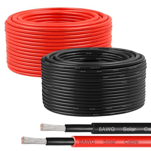 8AWG Solar Panel Wire 10mm², 2 Pack 100FT Red & Black Solar Extension Cable, PV Wire with Tinned Copper, Sunlight & UV Resistant, for Solar Panel, RV, Inverter, Battery, Off-Grid Systems