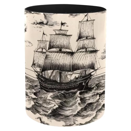 Stifthalter mit großer Kapazität für den Schreibtisch, runder Eisen-Bleistiftbecher, Schreibtisch-Stift-Organizer, Make-up-Pinselhalter für Büro, Schule, Lehrer, Vintage-Symbole, Segelboote