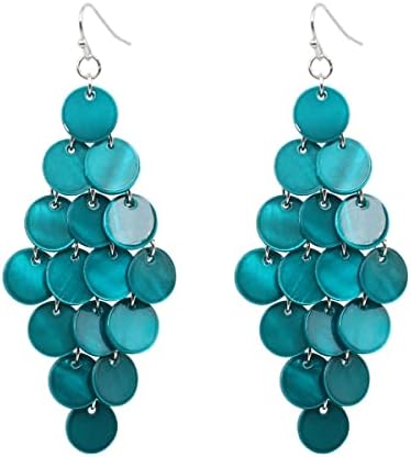 Jules D. Layered Dangling Shell Disc Beads Earring Handmade Multi Colorful Orange Red Blue Drop Chandelier Earring for Women Girls (Blue Green)