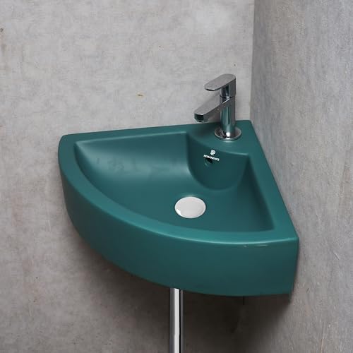 Image of REMANENCE Ceramic Wall Hung Corner Wash Basin for Bathroom | Wall Mounted Corner Sink (20.4 x 15 x 6 Inch) (Green)
