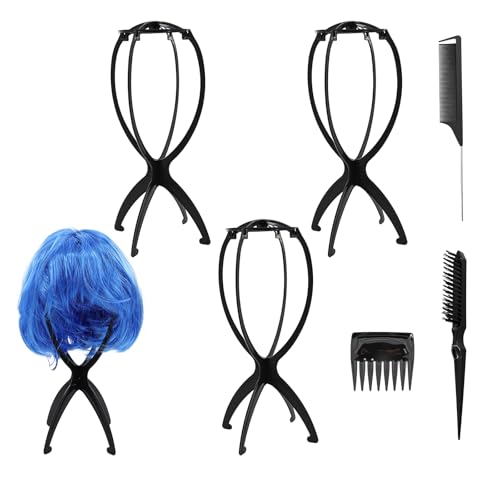 LUODAKA 3 Pack Wig Stand with 3 Pcs Hair Brush Comb, Portable Wig Holder for All Types of Wigs, Foldable Travel Wigs Holder (Black)