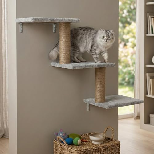 Image of Wall-Mounted Cat Climber, Multi-Level Cat Tree with Jute Scratching Posts, Grey Plush Platforms, Space-Saving Corner Design (30X35X14 INCH) FURR-158 (Grey)