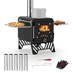 Foldable Hot Tent Stove with 5 Chimney Pipes, Viewing Window, Gloves & Poker - Portable Carbon Steel Wood Burning Camping Stove for Outdoor Cooking and Heating (20x30cm Folded)