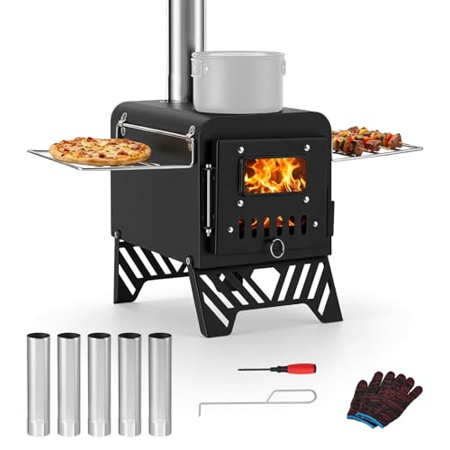 Foldable Hot Tent Stove with 5 Chimney Pipes, Viewing Window, Gloves & Poker – Portable Carbon Steel Wood-Burning Camping Stove (20x30cm Folded)