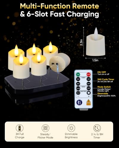 Image of Homemory 6 Pack Rechargeable Tea Light Candles with Remote, 2 /4 /6 /8H Timer
