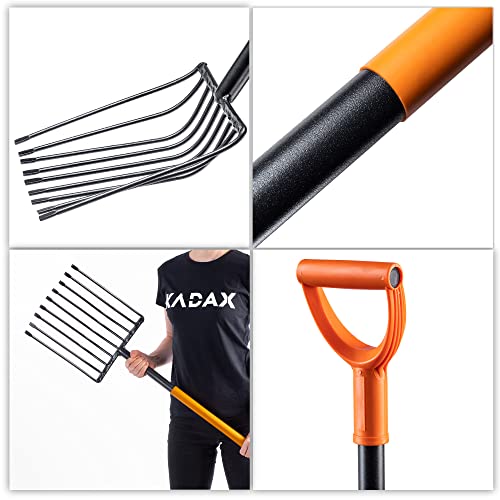 Foto von KADAX Kartoffelgabel mit langem Stiel, Steingabel aus robustem Stahl, Forke mit D-Griff, Spatengabel, Heugabel, Mistgabel, Rübengabel, Heuforke, Gartengabel (9 Zinken, Schwarz/orange)