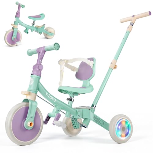 VITONIS Triciclo Infantil 5 en 1 para niños de 18 Meses a 5 años, con Ruedas Luminosas, Barra de Empuje, Respaldo y cinturón de Seguridad, Regalo para niños y niñas, Bicicleta sin Pedales, Verde