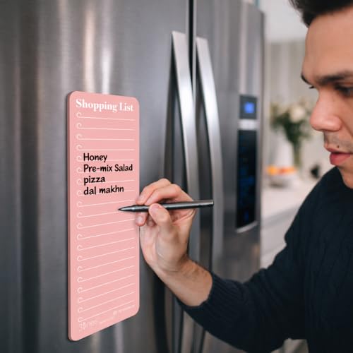 Image of 3 Lines Shopping List Fridge Magnet with Marker|Smart Planning & Shopping for Family, Working Professionals|Acrylic Magnetic Notepad for Kitchen Organisation|9x24 cms|Pink Guava Color|Regular