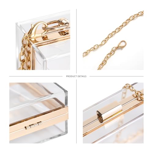 WJCD Women Clear Purse Acrylic Box Clutch Handbag, Small Transparent Crossbody Evening Bag Stadium Approved Gold Chain Strap3