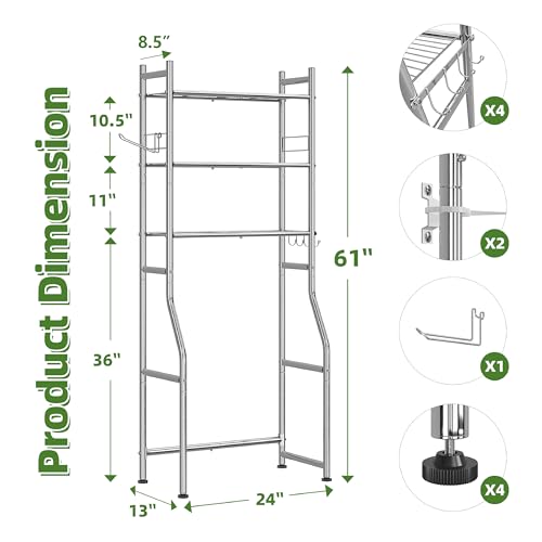 Image of Simple Trending 3 Tier Over The Toilet Rack, Bathroom Shelves with 4 Hooks and Paper Holder, Bathroom Stand Organizer Space Saver, Chrome