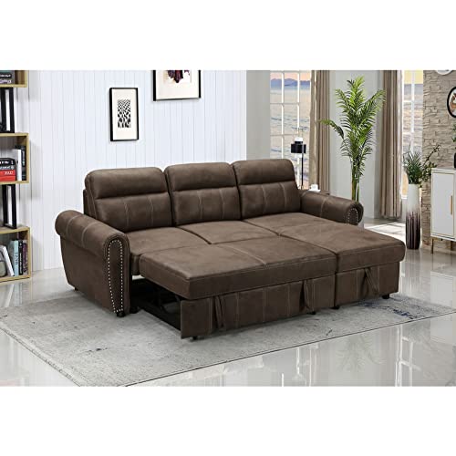 Kipling Saddle Brown Microfiber Reversible Sleeper Sectional Sofa Chaise #TOP4
