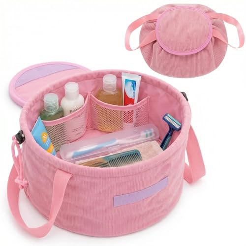 Shinylin Graduation Lay Flat Barrel Drawstring Makeup Bag Travel Corduroy Cosmetic Bag for Women Portable Open-flat Large Capacity Cosmetic Organizer Gift, Skincare & Brush Storage(Pink)