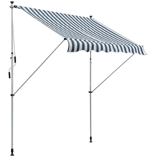 Outsunny Toldo Manual Retráctil 2x1,5 m Toldo Exterior Terraza Enrollable Altura Ajustable con Manivela 170-280 cm Sin Taladro para Balcón Jardín Verde y Blanco