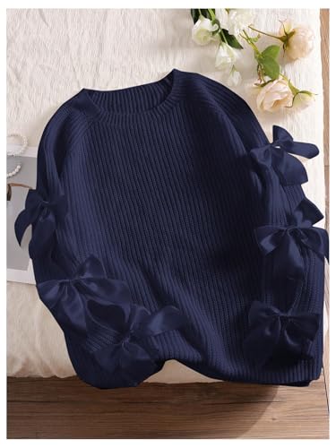 Image of SHENHE Women's Plus Size Sweaters Bow Cutout Crewneck Long Raglan Sleeve Knit Tops Chunky Sweaters