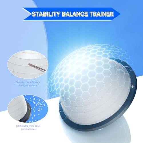 Image of Half Balance Ball Trainer - 23 Inch Half Exercise Ball for Workout, Physical Therapy, Yoga, Home Gym, Core Strength, Stability, Fitness, Balance Training Equipment with Resistance Bands, Foot Pump