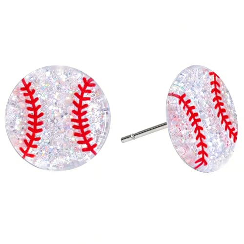Nanafast Acrylic Sports Earrings for Women Small Glitter Soccer/Basketball/Baseball/Softball/Volleyball/Football Stud Earrings for Game Day Outfits Sport Lover Gifts-Baseball