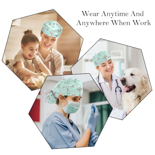 Image of 2 PCS Bouffant Cap with Button Ponytail Pouch Working Cap Sweatband Adjustable Surgical Cap Black and White Cow