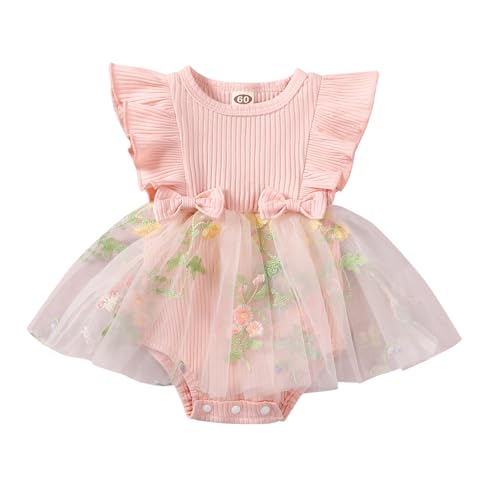 JiAmy Baby Mädchen Kleid Sommer Rüschen Kurzarm Blume Stickerei...