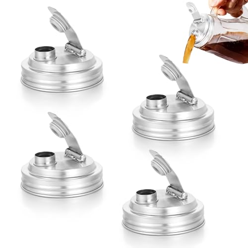 4 Pack Stainless Steel Wide Mouth Mason Jar Flip Grouting Spout Lids,Wide Mouth Mason Jar Lids with Handle, for Home Brewing Fruit Fermenting Drinks Airtight