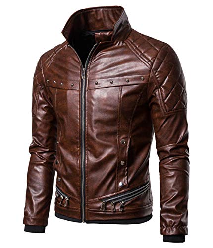 Chouyatou Men's Removable Fur Collar Sherpa Lined Steampunk Faux Leather Jacket (Large, Brown) #TOP3