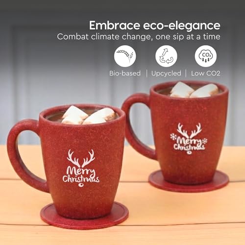 Image of Eha Earth-Friendly Christmas Gifts for Friends and Family | Secret Santa Gifts | Made with Rice Husk | Printed Christmas Mug and Coasters Set of 2, Keychain & Loopac Box | 300 ml | Coral