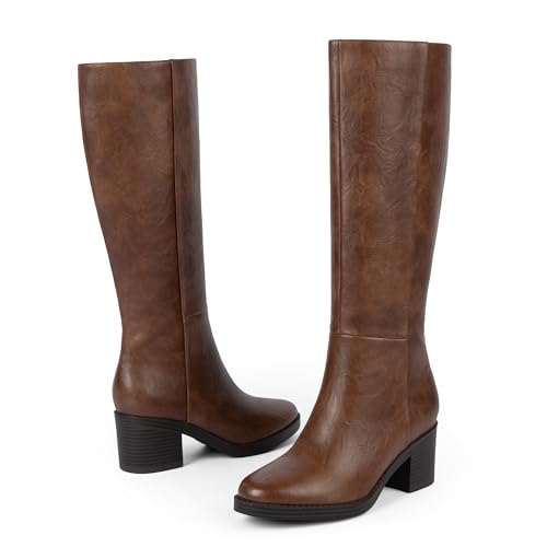 Image of Easyfox Womens Knee High Boots Chunky Low Heel Round Toe Tall Long Boots