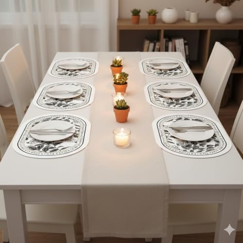 Image of Yelona White Oval Leather Placemats | Vintage Floral Design, Waterproof, Stain Resistant | Stylish Leather Dining Table Mats (Classic Camellia, Pack of 6)
