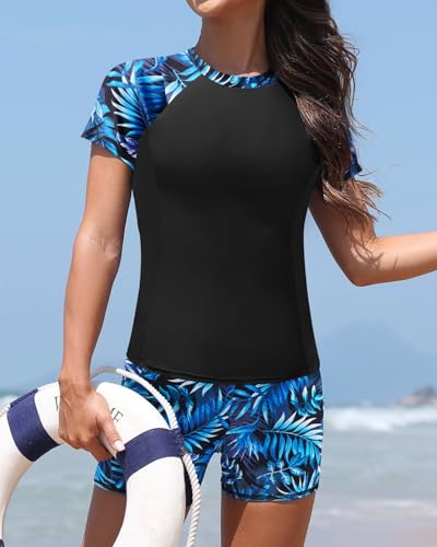 Image of Daci Short Sleeve Rash Guard 2 Piece Swimsuits with Bord Shorts | Sun Protection,Two Pockets,Clolor Block,High Waisted Short,High Neck,Quick Dry