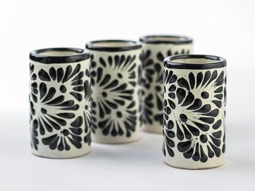 Image of Talavera Shot Glasses Set of 4 Authentic Mexican Tequila Shot Glasses - Hand-painted - 2 Oz (Black Brushstroke White Background)